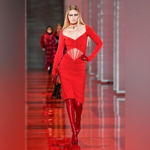 Gigi Hadid Versace Red Long Sleeve Sweetheart Bodycon Dress